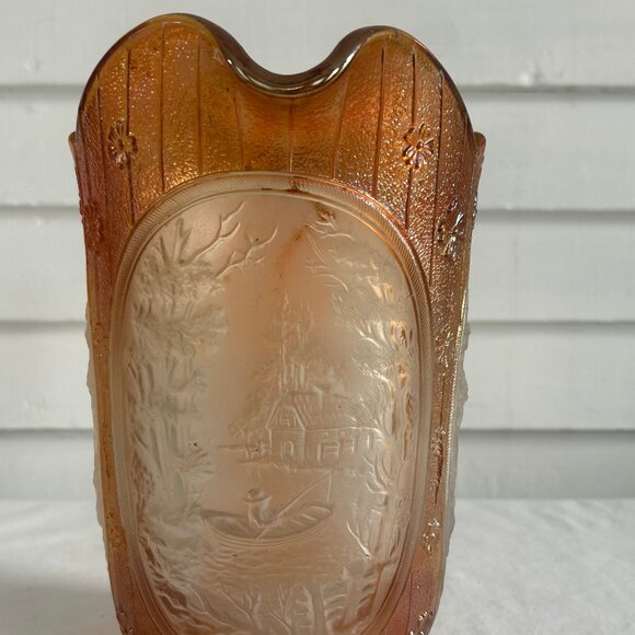 Vintage Marigold Carnival Glass Windmill Scene Pitcher Iridescent Orange - Picture 10 of 10